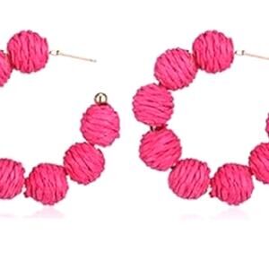 Magenta Raffia Wrapped Ball Hoop Earrings